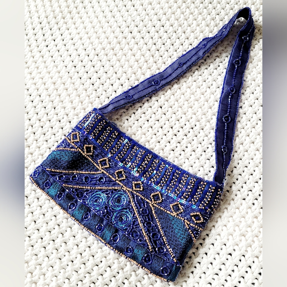 Express Small Sequined/Beaded/Embroidered Bag w/ Magnetic Button Closure, Blue